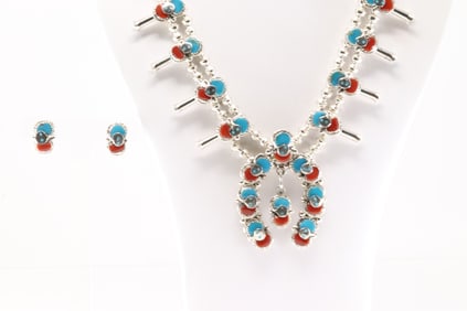 Native America Zuni Sterling Silver Coral & Turquoise Squash Blossom Necklace & Earring's Set By