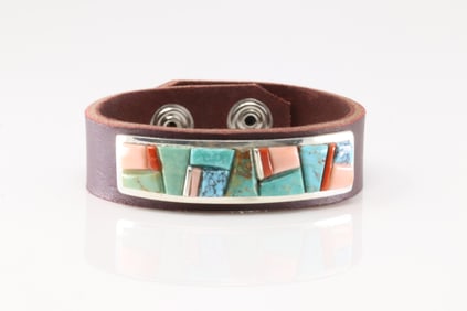 Native America Navajo Sterling Silver Multi-Color Stone Leather Bracelet By Edison Yazzie.