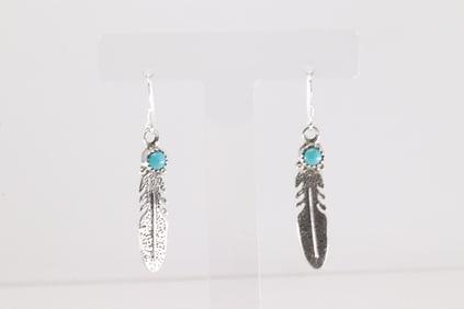 Native America Navajo Sterling Silver Turquoise Feather Dangling Earring's By Sharon McCarthy.