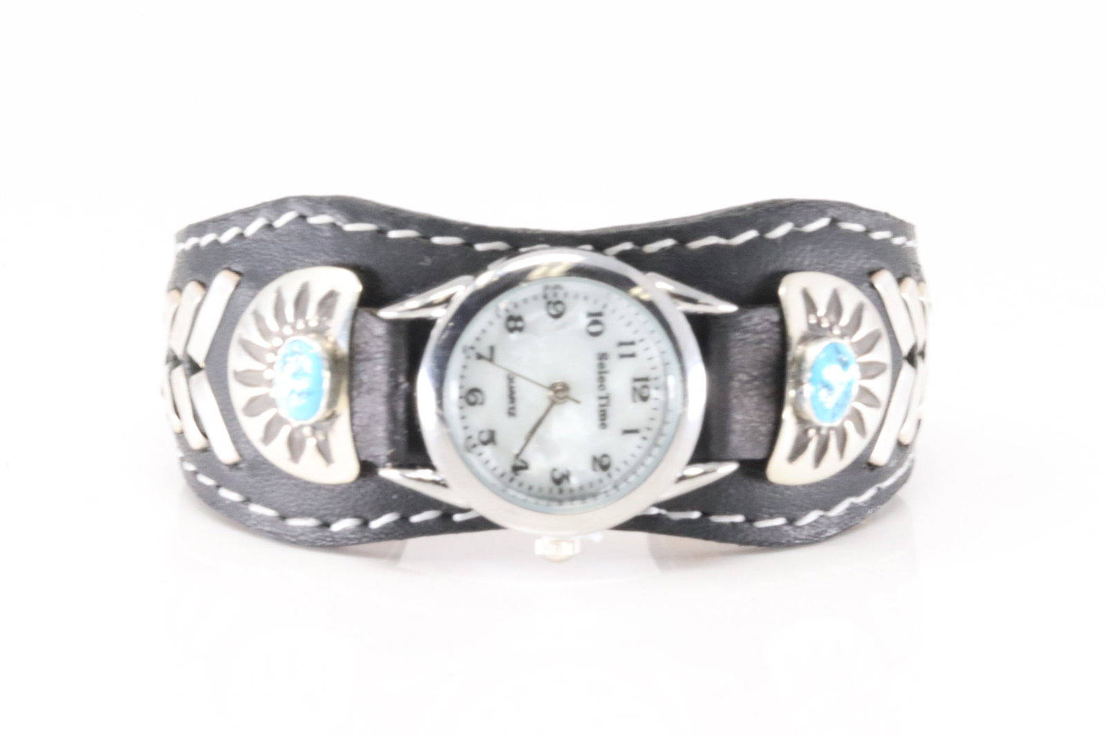 Native America Navajo Sterling Silver Turquoise Watch Leather Bracelet Cuff By Armstrong M.: This is a Native America Navajo Sterling Silver Turquoise Watch Leather Bracelet Cuff By Armstrong M.