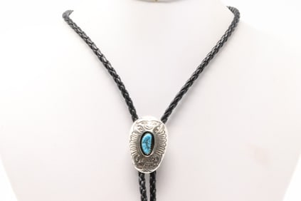 Native America Navajo Sterling Silver Turquoise Bolo Necklace By Shurley Skeets.