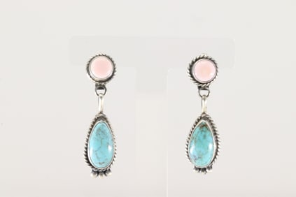 Native America Navajo Sterling Silver Pink Conch Shell & Kingman Turquoise Post / Dangling Earring's