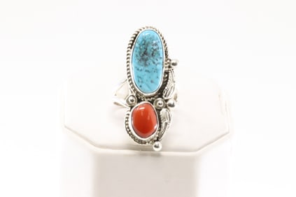 Native America Navajo Sterling Silver Coral & Turquoise Ring.