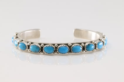 Native America Navajo Sterling Silver Kingman Turquopise Bracelet Cuff By E.J.W.