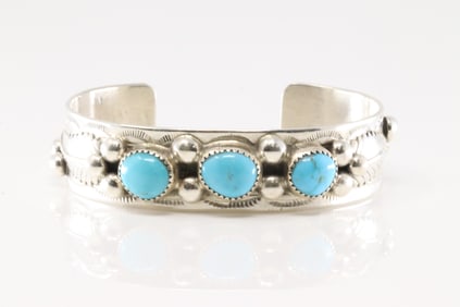 Native America Navajo Sterling Silver Turquoise Bracelet 3 Stone Cuff By Welbert Meyers.