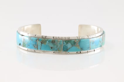 Native America Navajo Sterling Silver Kingman Turquoise Inlay Bracelet Cuff By Steve Francisco.