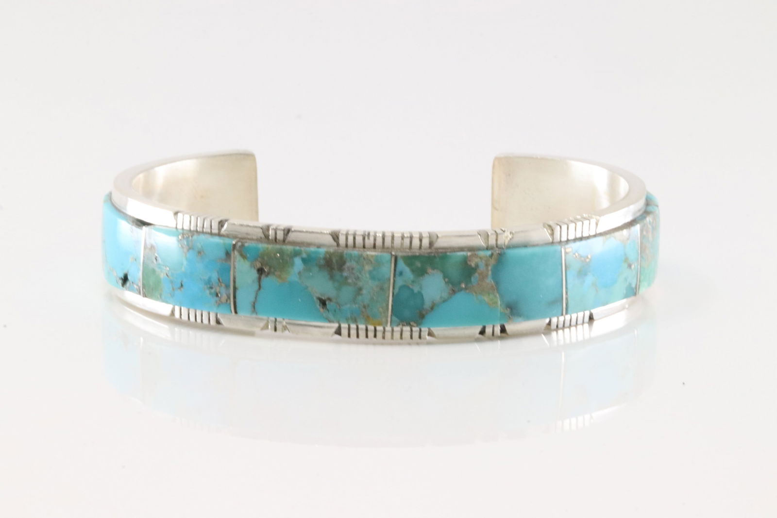 Native America Navajo Sterling Silver Kingman Turquoise Inlay Bracelet Cuff By Steve Francisco. (1 of 4)