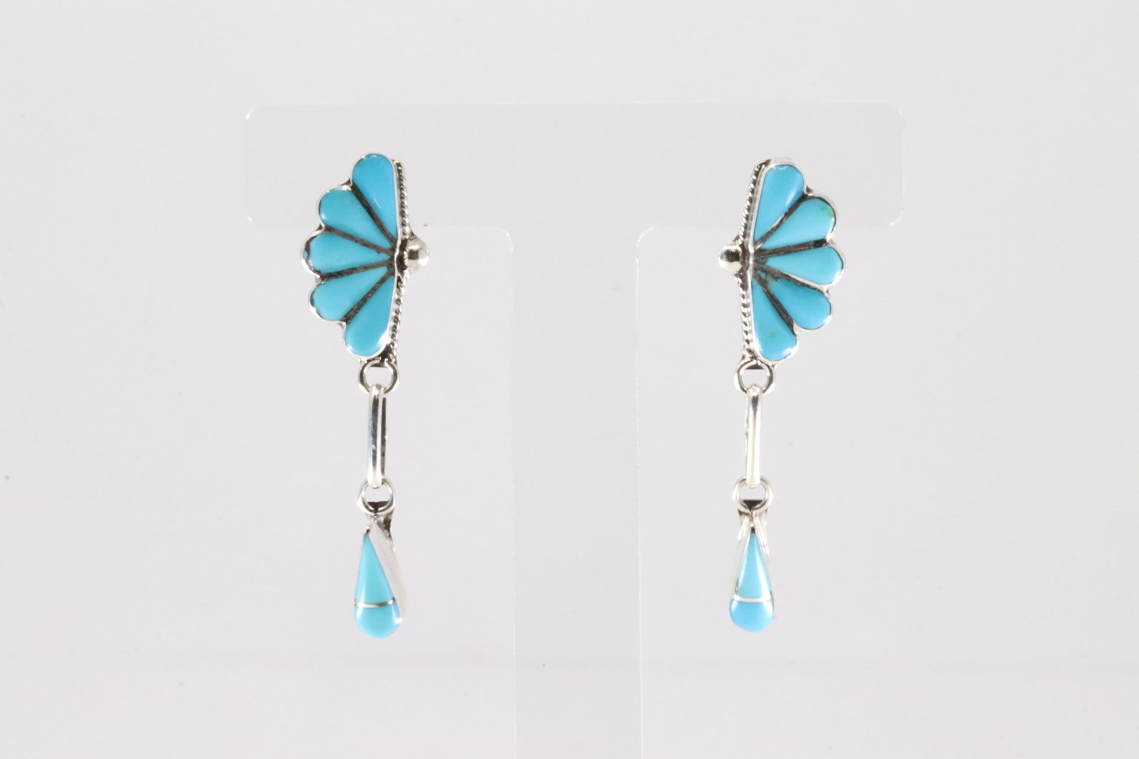 Native American Zuni Sterling Silver Kingman Turquoise Inlay Post / Dangling Earring's By Velda: This is a Native American Zuni Sterling Silver Kingman Turquoise Inlay Post / Dangling Earring's By Velda Nastacio.