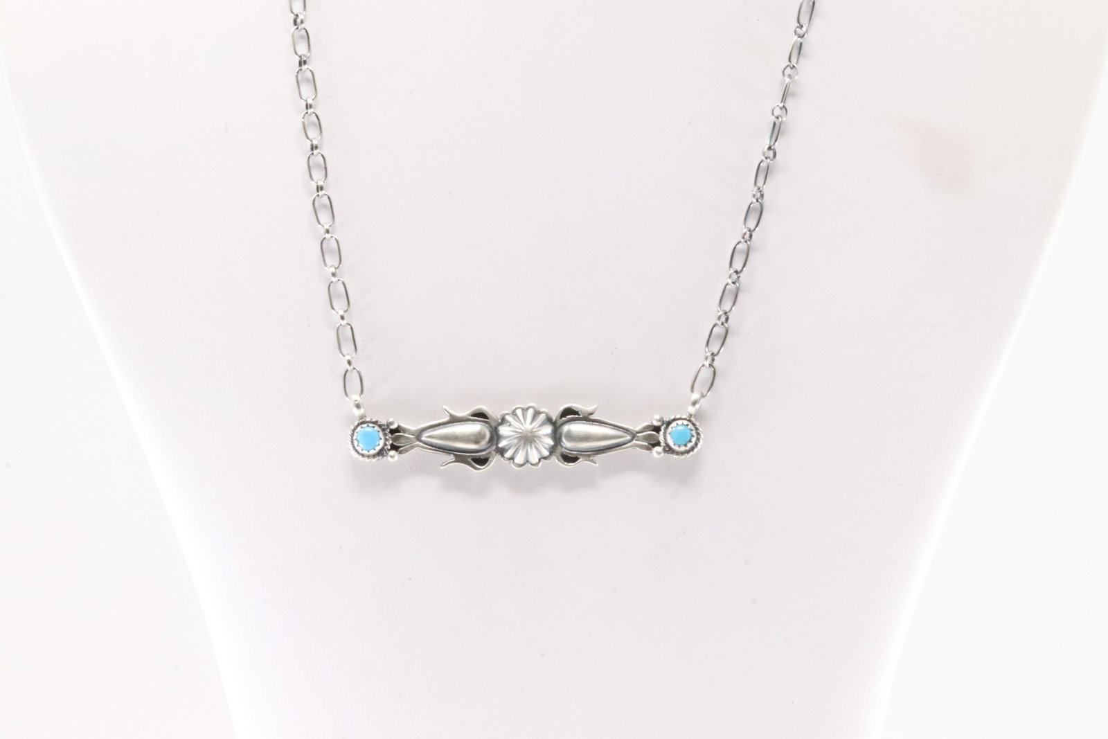Native America Navajo Sterling Silver Turquoise Necklace By Marita Benally.: This is a Native America Navajo Sterling Silver Turquoise Necklace By Marita Benally. Necklace length: 16.00"