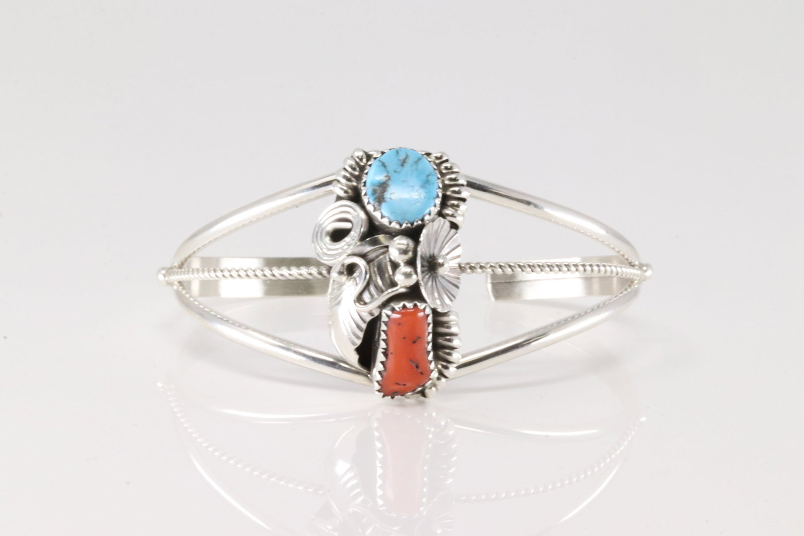 Native America Navajo Sterling Silver Coral & Turquoise Bracelet Cuff By Max Calladitto.: This is a Native America Navajo Sterling Silver Coral & Turquoise Bracelet Cuff By Max Calladitto.