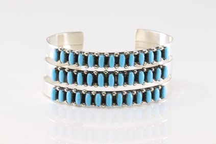 Native America Zuni Sterling Silver 3 Rows Turquoise Bracelet Cuff By Veronica Martza.