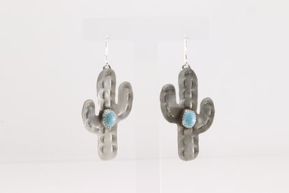 Native America Navajo Sterling Silver Turquoise Cactus Dangling Earring's By Aaron David.