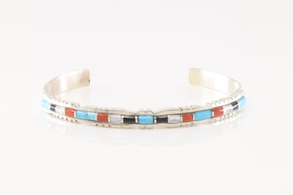 Native America Zuni Sterling Silver Multi-Color Stone Inlay Bracelet cuff By Sheldon Lalio.