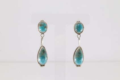 Native America Navajo Sterling Silver Kingman Turquoise Post / Dangling Earring's By Theresa Smith.