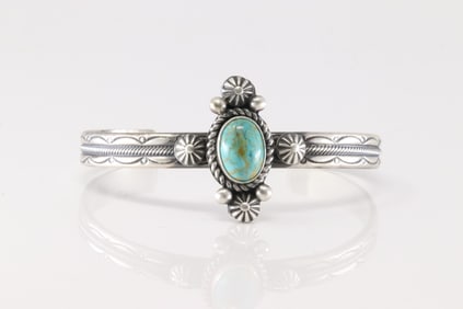Native America Navajo Sterling Silver Kingman Turquoise Bracelet Cuff By M.C.