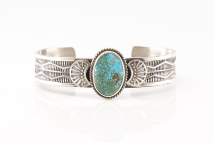 Native America Navajo Sterling Silver Kingman Turquoise Bracelet Cuff By Shunshine Reeves.