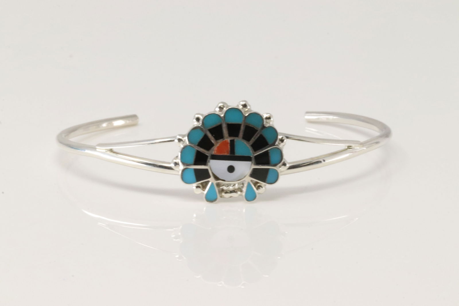 Native America Zuni Sterling Silver Multi-Color Inlay Stone Sunface Bracelet By E.R. (1 of 4)
