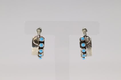 Native America Navajo Sterling Silver Turquoise Feather Hoop Earring's By Chester Chandle.