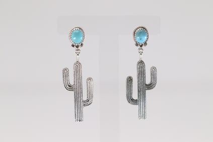 Native America Navajo Sterling Silver Turquoise Cactus Post / Dangling Earring's By Annie Spencer.