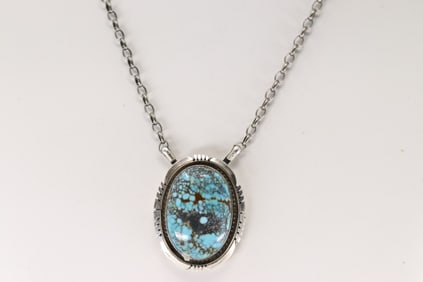 Native America Navajo Sterling Silver Number 8 Turquoise Necklace By Alfred Martinez.