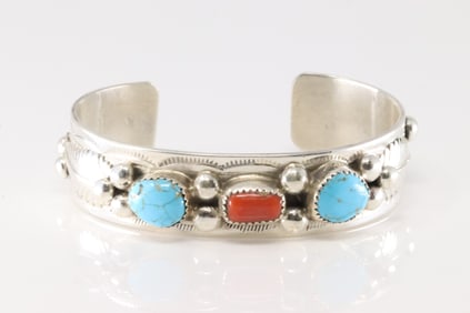 Native America Navajo Sterling Silver Coral & Turquoise Bracelet Cuff By Welbert Meyers.