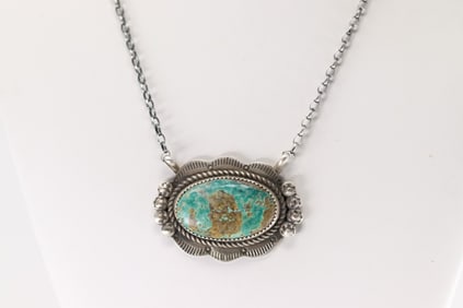 Native America Navajo Sterling Silver Kingman Turquoise NecklaceBy Virginia Hinio.