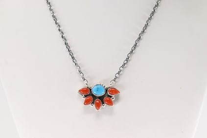 Native America Navajo Sterling Silver Coral & Turquoise Necklace By Sheila Becenti.