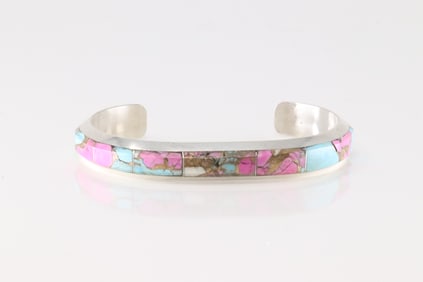 Native America Navajo Sterling Silver Cotton Candy Turquoise Bracelet Cuff By Brandon Etcitty.