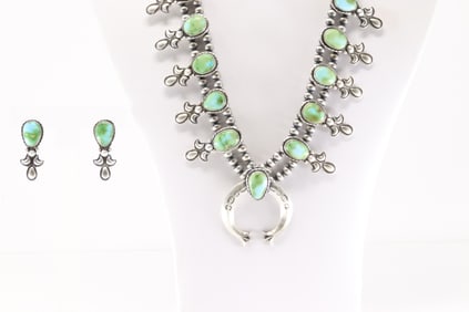 Native America Navajo Sterling Silver Sonora Gold Turquoise Squash Blossom Necklace & Earring's Set