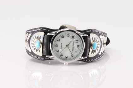 Native America Navajo Sterling Silver Turquoise Watch Leather Bracelet By Frank Amrstrong.
