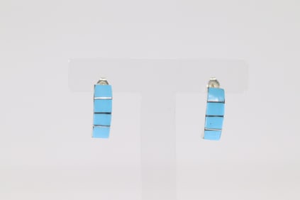 Native America Zuni Sterling Silver Turquoise Inlay Hoop Earring's By Gilbert Kanesta.