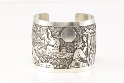 Native America Navajo Sterling Silver Storyteller Bracelet Cuff By B.