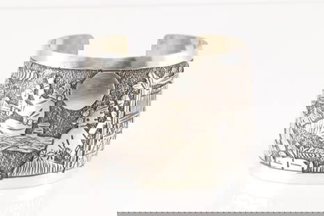 Native America Navajo Sterling Silver Storyteller Bracelet Cuff By B.: This is a Native America Navajo Sterling Silver Storyteller Bracelet Cuff By B. Total weight: 89.90 Grams.