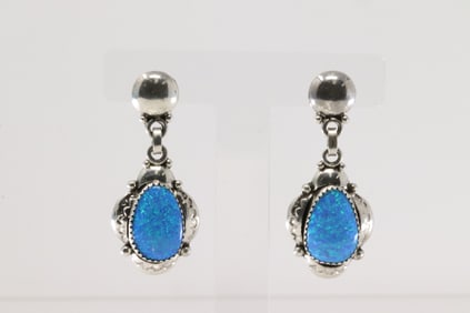 Native America Navajo Sterling Silver Blue Opal Post / Dangling Earring's By Clem Nalwood.