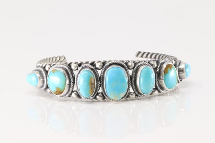 Native America Navajo Sterling Silver Kingman Turquoise Bracelet Cuff By Bob Becenti.
