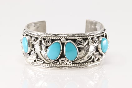 Native America Navajo Sterling Silver Kingman Turquoise Bracelet Leaf Cuff By M.Thomas.