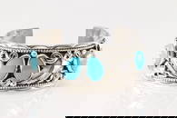 Native America Navajo Sterling Silver Kingman Turquoise Bracelet Leaf Cuff By M.Thomas.