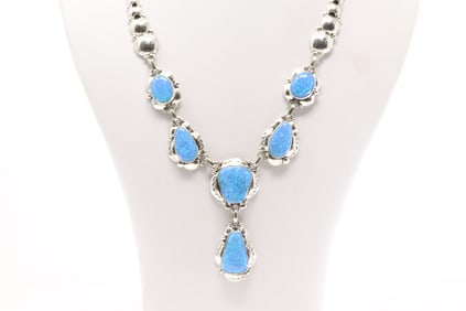 Native America Navajo Sterling Silver Blue Opal Necklace By Clem Nalwood.