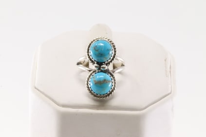 Native America Navajo Sterling Silver Turquoise Ring 2 Stone.
