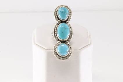 Native America Navajo Sterling Silver Kingman Turquoise Ring 3 Stone By S.