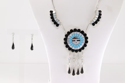 Native America Zuni Sterling Silver Multi-Color Inlay Necklace & Earring's Set By J.D.Massie.