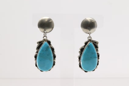 Native America Navajo Sterling Silver Turquoise Post / Dangling Earring's By Freda Martinez.