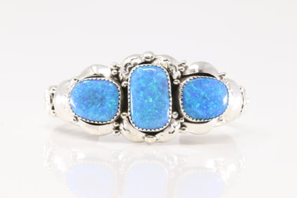 Native America Navajo Sterling Silver Blue Opal Bracelet Cuff By Clem Nalwood.