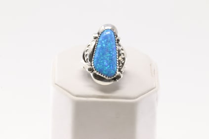 Native America Navajo Sterling Silver Blue Opal Ring By Clem Nalwood.
