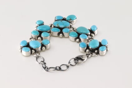 Native America Navajo Sterling Silver Kingman Turquoise Bracelet Link By Betty Tom.