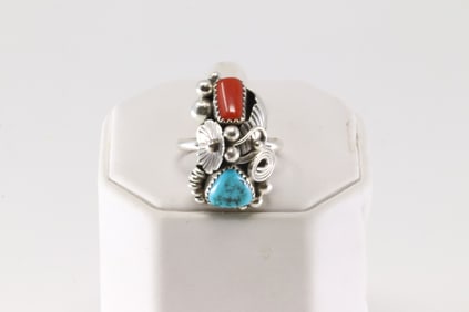 Native America Navajo Sterling Silver Coral & Turquoise Ring By Max C.