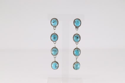 Native America Navajo Sterling Silver Kingman Turquoise Post / Dangling Earring's By Judith Dixon.