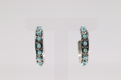 Native America Navajo Sterling Silver Turquoise Hoop Earring's By Joan Cheama.
