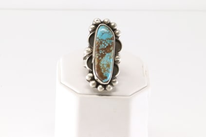 Native America Navajo Sterling Silver Kingman Turquoise Ring By V.V.