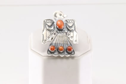 Native America Navajo Sterling Silver Spiny Oyster Thunderbird Ring By Yazzie.